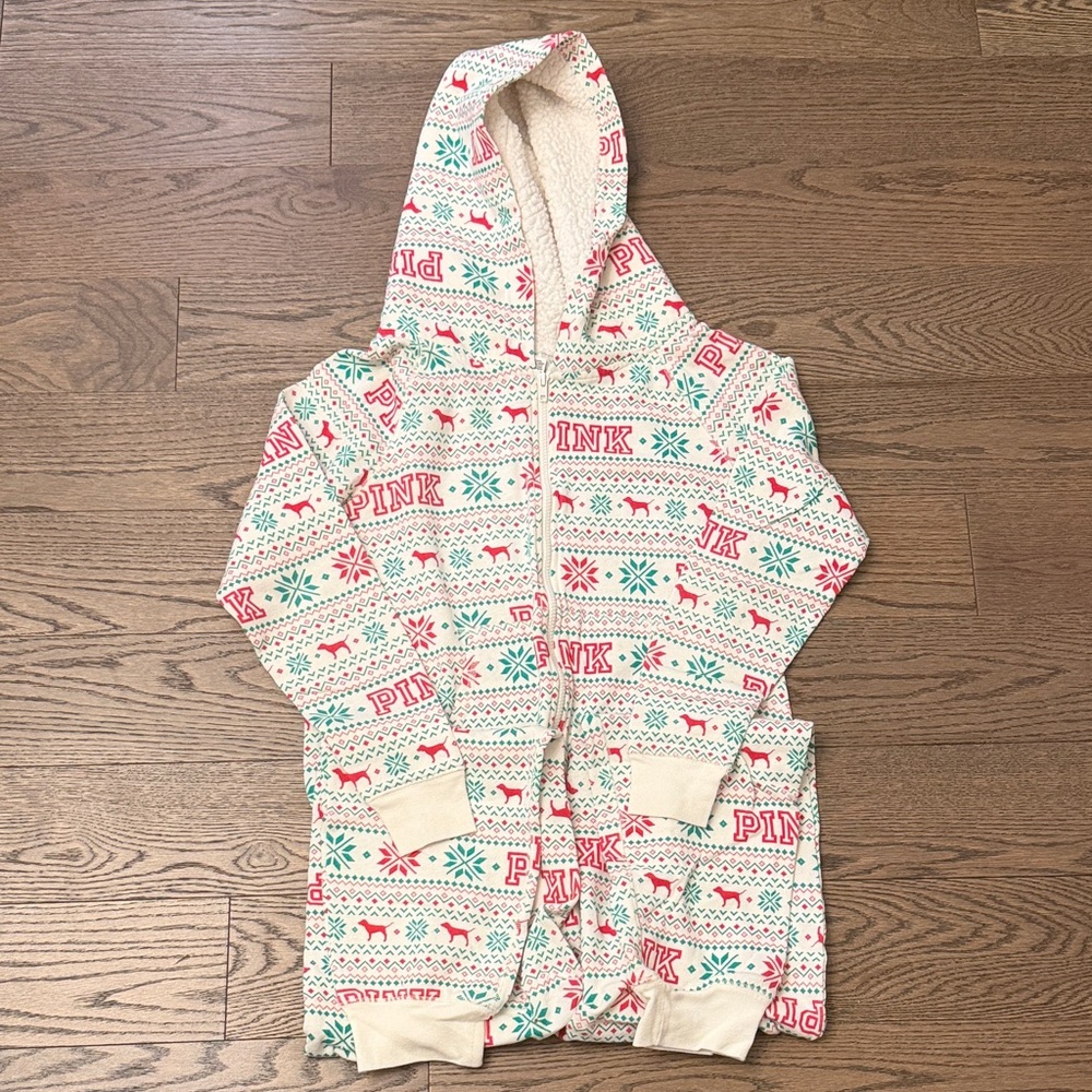EUC Cozy Pink Patterned Hooded Pajama Onesie